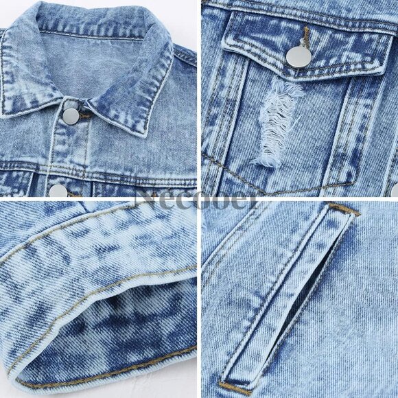 Brand New Women's A-Blue Cotton Distressed Boyfriend Denim Jacket with Pockets - Picture 5 of 6